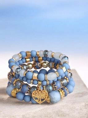 🔥🔥🆕 4pc Blue and Gold Multi Layer Crystal and Beaded Bracelet Set